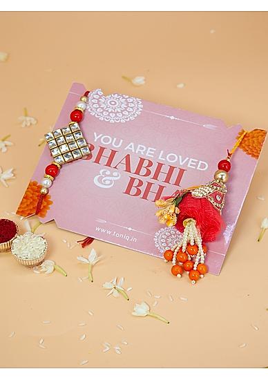 Fida Designer Handmade Red & Yellow Pearl And Kundan Studded Bhaiya Bhabhi Rakhi |Lumba Rakhi for Bhabhi|Rakhi for Brother|Couple Rakhi Set Of 2|Rakhi with roli chawal