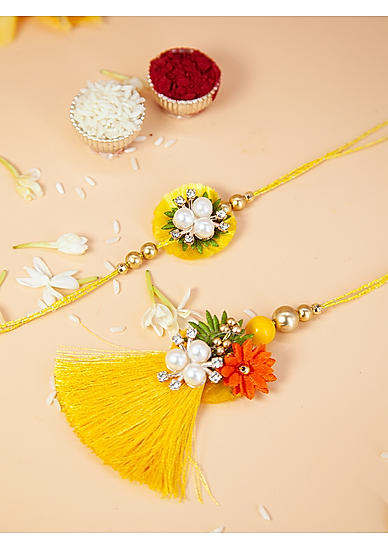 Fida Designer Handmade Yellow tassel and floral pearl studded Bhaiya Bhabhi Rakhi |Lumba Rakhi for Bhabhi|Rakhi for Brother|Couple Rakhi Set Of 2|Rakhi with roli chawal