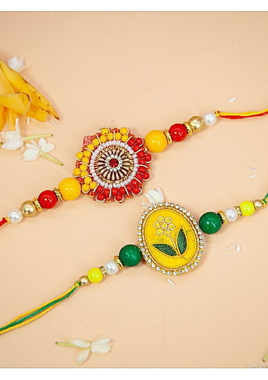 Fida Designer Handmade Yellow Green Beeded with pearl and artificial stone studded Bhaiya Bhabhi Rakhi |Floral Rakhi for Bhabhi and Bhaiya|Rakhi for Brother|Couple Rakhi Set Of 2|Rakhi with roli chawal