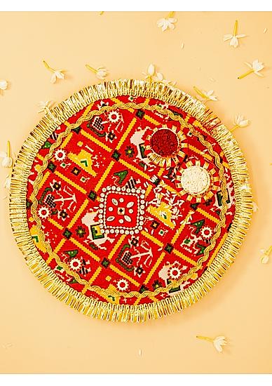 Fida Designer Handmade Red printed Cloth Rakhi thali |Pooja thali with roli chaval Vati|Rakhi Plate for Siblings Special day|Rakhi Thali Set|Decorated Pooja plate and roli chawal|With Kum Kum Tikka Stick