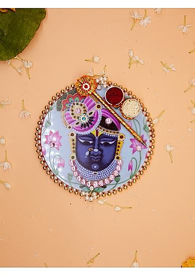 Fida Designer Handmade Sky blue and Pink Artificial stones and Pearl Studded Rakhi thali |Pooja thali with roli chaval Vati|Rakhi Plate for Siblings Special day|Rakhi Thali Set|Decorated Pooja plate and roli chawal|With Kum Kum Tikka Stick