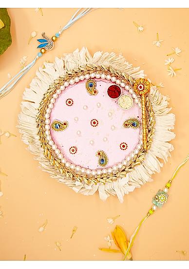 Fida Designer Handmade Pink Aritificial stone and pearl studded Rakhi thali With Bhaiya Bhabhi Lumba Rakhi set |Pooja thali with roli chaval Vati|Rakhi Plate for Siblings Special day|Rakhi Thali Set|Decorated Pooja plate with Rakhi Set and roli chawal|Wit