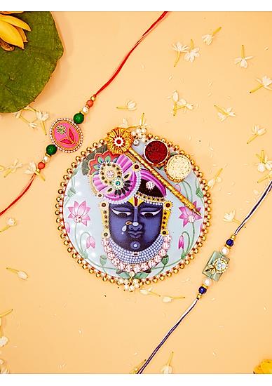 Fida Designer Handmade Sky blue and Pink Artificial stones and Pearl Studded Ranchhod ji Rakhi thali with Bhaiya Bhabhi Lumba Rakhi Set |Pooja thali with roli chaval Vati|Rakhi Plate for Siblings Special day|Rakhi Thali Set|Decorated Pooja plate with Rakh