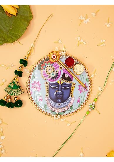 Fida Designer Handmade Sky blue and Pink floral Artificial stones and Pearl Studded Ranchhodji Rakhi thali with green Bhaiya Bhabhi Lumba Rakhi Set |Pooja thali with roli chaval Vati|Rakhi Plate for Siblings Special day|Rakhi Thali Set|Decorated Pooja pla