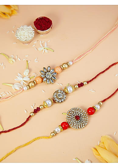 Fida Designer Handmade Floral Beaded pearl with Kundan Studded Bhaiya Rakhi |Rakhi for Brother|Set of 3 Rakhi|Rakhi with roli chawal