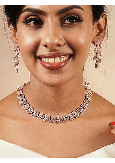 Fida Classy Rose Gold Plated Leafy Shape American Diamond Party Wear Alloy Jewellery Set For Women