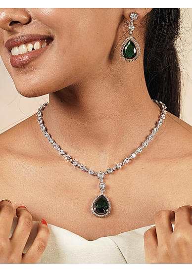 Fida Lovely Green Silver Plated Geometric American Diamond Party Wear Alloy Jewellery Set For Women