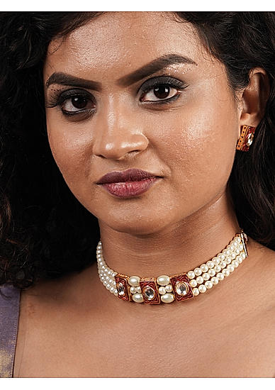 Fida Sightly Maroon Gold Plated Geometric Shape Pearl Kundan Ethnic Wear Alloy Jewellery Set For Women