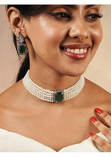 Fida Beautiful Green Silver Plated Geometric Shape Pearl Fusion Wear Alloy Jewellery Set For Women