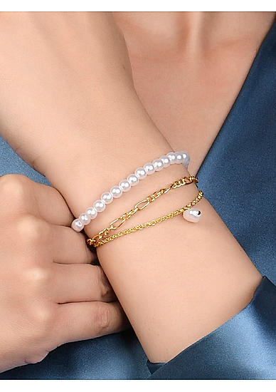Toniq Gold Plated Set Of 3 Pearl Adjustable Bracelets For Women
