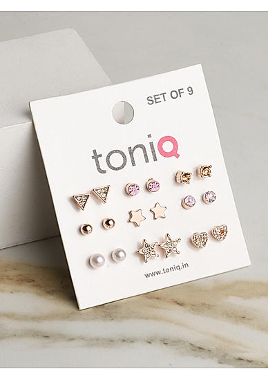Toniq Gold Plated Starry Set Of 9 Stud Earring Combo For Women