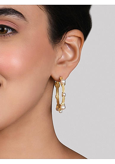 Toniq Gold Plated White Pearl Studded Half Hoop Earrings For Women