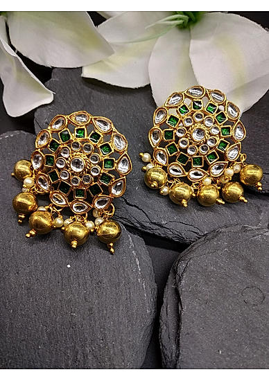 Gold-Toned and Green Contemporary Studs