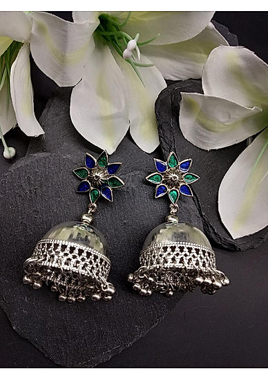 Blue and Silver-Toned Shade of Blue Dome Shaped Jhumkas