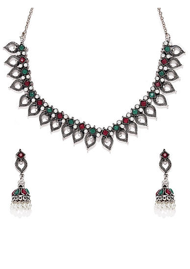 Ruby Emerald Pearls Silver Plated Oxidised Leaf Jewellery Set
