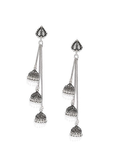 Silver-Toned Dome Shaped Oxidised Drop Earrings