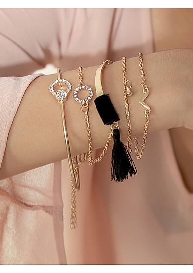 Set Of 5 Gold & Black Tassel Charm Bangle Style Bracelet 