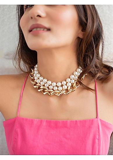 White Pearl Gold Plated Linked Chain Choker Necklace
