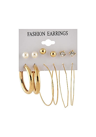 Set Of 6 Stones Pearls Studs and Hoop Earrings