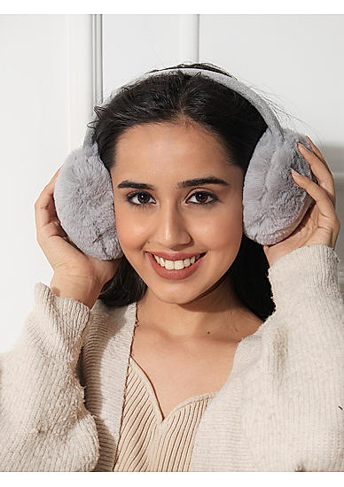 Toniq Grey Trendy Fluffy Fur Ear Muffs For Women