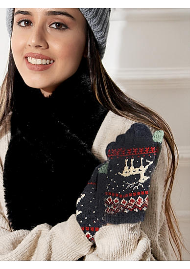 Navy Blue White Deer Embroidered Unisex Touch Screen Winter Gloves 
