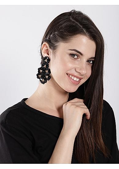 Black Sequined Flora Drop Earrings