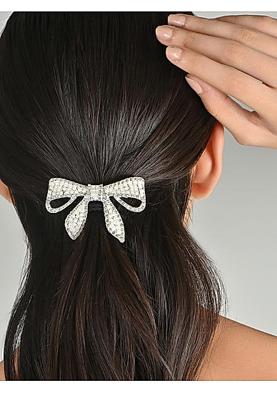 Embellished Silver Crystal Hair Bow Clip