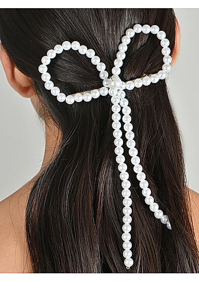 White Bead Korean Bow Hair Clip Women