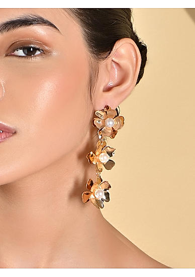 Gold Floral Partywear Drop Earrings