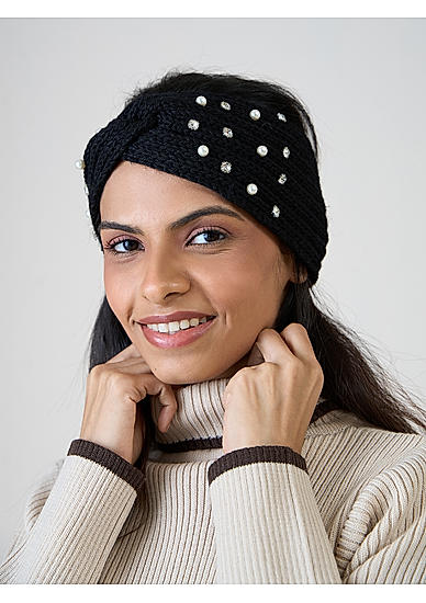 Black Embellished Pearl Knitted Headband