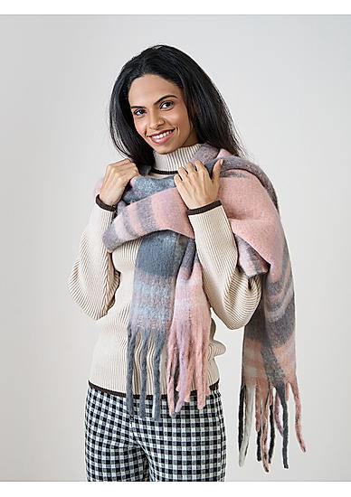 Dusty Pink and Black Fringed Winter Scarf & Stoles