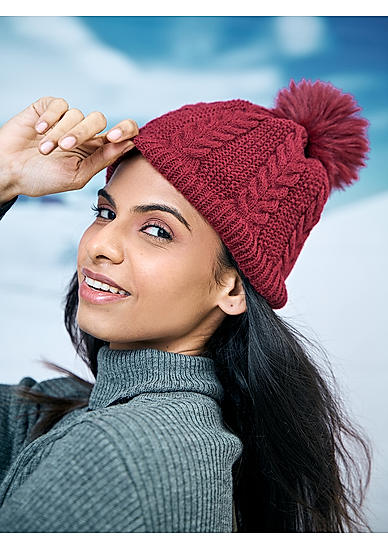 Maroon Solid Knit Bobble Winter Beanie