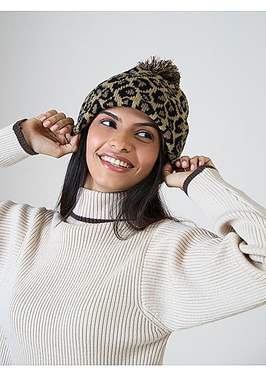 Tiger Printed Solid Bobble Winter Beanie