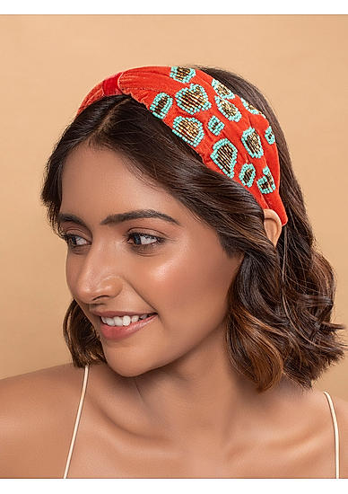 Red Beaded Embroidery Turban Knot Hair Band  