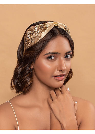 Gold Sparkle Beaded Sequin Turban Top Knot Hairband