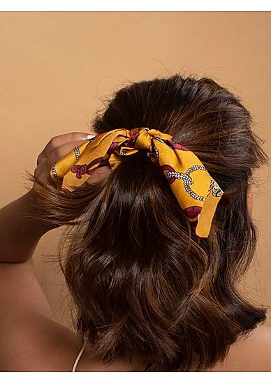 Toniq Bring Me Flowers Yellow Satin Floral Printed Bow Scrunchy Rubberband For Women
