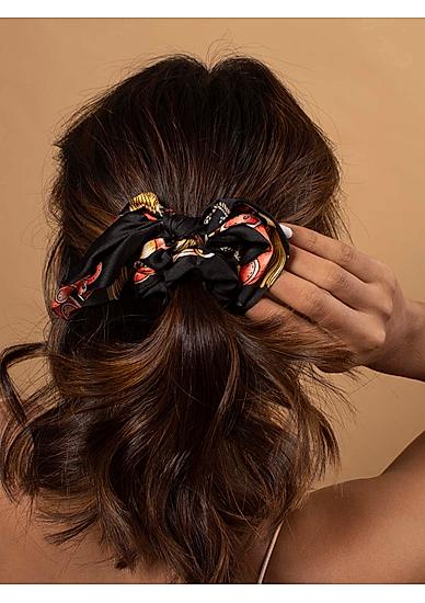 Toniq Bring Me Flowers Black Satin Floral Printed Bow Scrunchie Rubberband For Women
