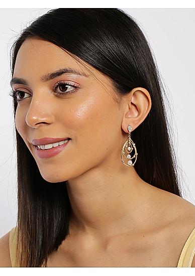 Gold-Toned Teardrop Shaped Embellished Drop Earrings