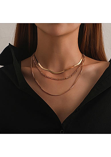 Gold Plated Tri Layered Snake Chain Statement Necklace