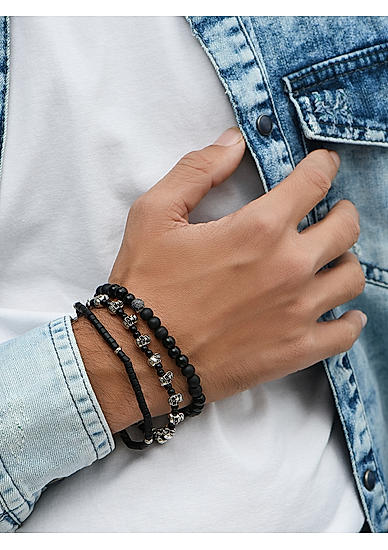 The Bro Code Black Multi Beads & Skulls Stretchy Elastic adjustable Set of 3 Bracelets for Men