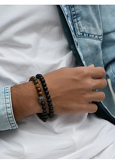 The Bro Code Black & Brown Multi Beads & Lion Stretchy Elastic Adjustable Set of 2 Bracelet for Men