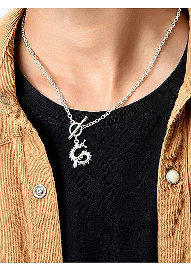 The Bro Code Silver Plated Dragon Charm Cuban link Chain Necklace for Men