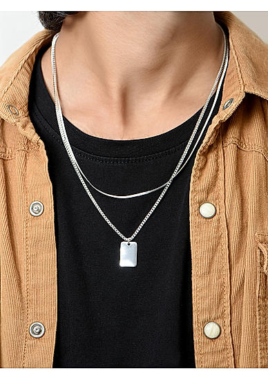 The Bro code Silver Plated Geometric Shape Rectangle Shape Charm Box Chain Layered Necklace for Men