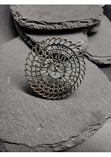 Silver Plated Oxidised Floral Statement Ring