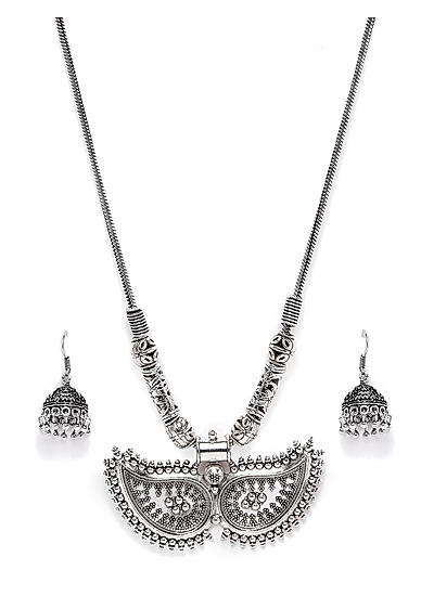 Women Silver-Toned Oxidised Contemporary Necklace and Earring Set