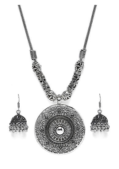 Women Silver-Toned Oxidised Tribal Necklace and Earring Set