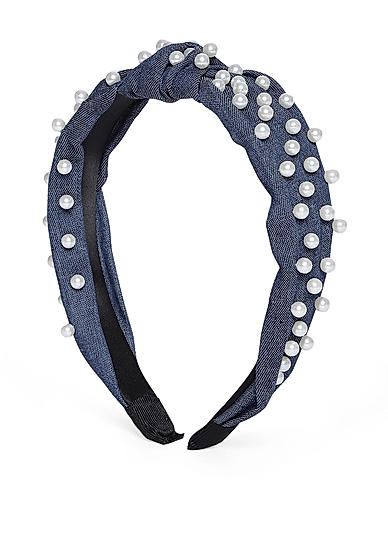 Navy Blue Pearl Beaded Top Knot Hairband