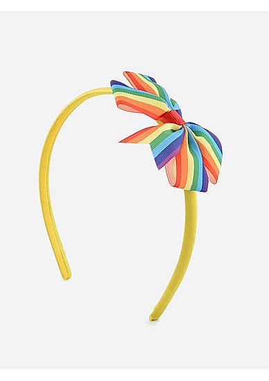 Multicolor Rainbow Striped Bow Yellow Hair Band