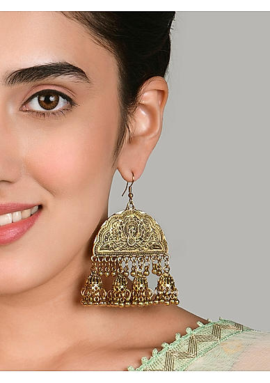 Fida Ethnic Golden Plated Afghni Drop Hook Earrings For Women