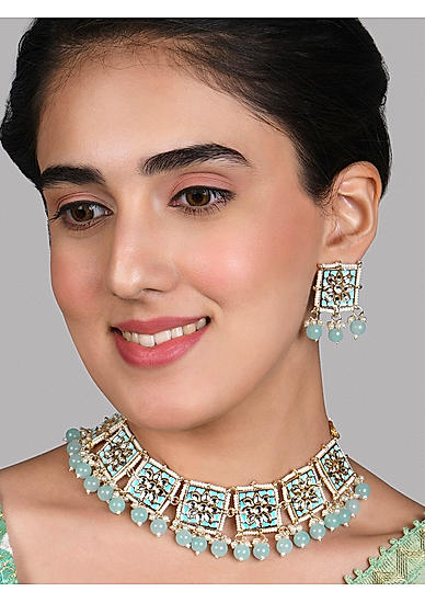 Fida Ethnic Gold Plated Baby Blue Stones and Kundan Studded Enamel Necklace Set For Women